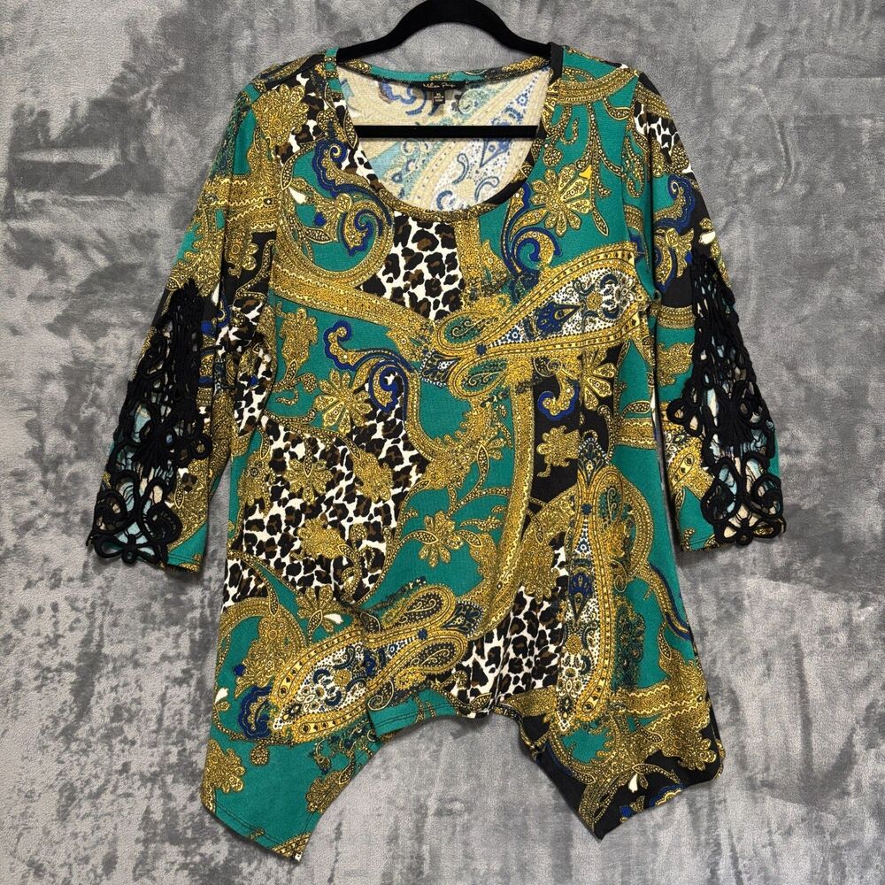 Melissa Paige Paisley & Animal Print Top Green Multi Sz XL Black Lace Sleeve